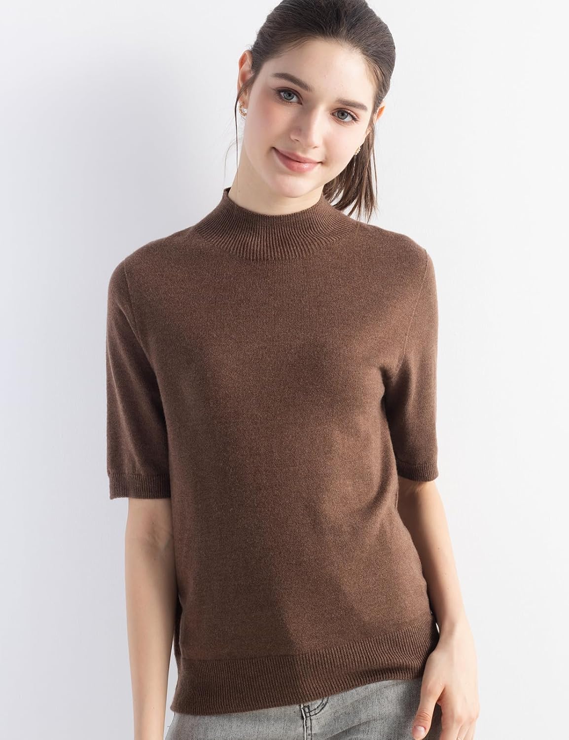 Women's Merino Wool Sweater 2025 Fall Winter Mock Neck Short Sleeve First-Line Ready to Wear Seamless Knit Sweater