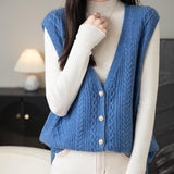 Women's 100% Merino Wool Sweater Vest 2025 Fall Winter V Neck Button Down Sleeveless Cable Knit Sweater Vest