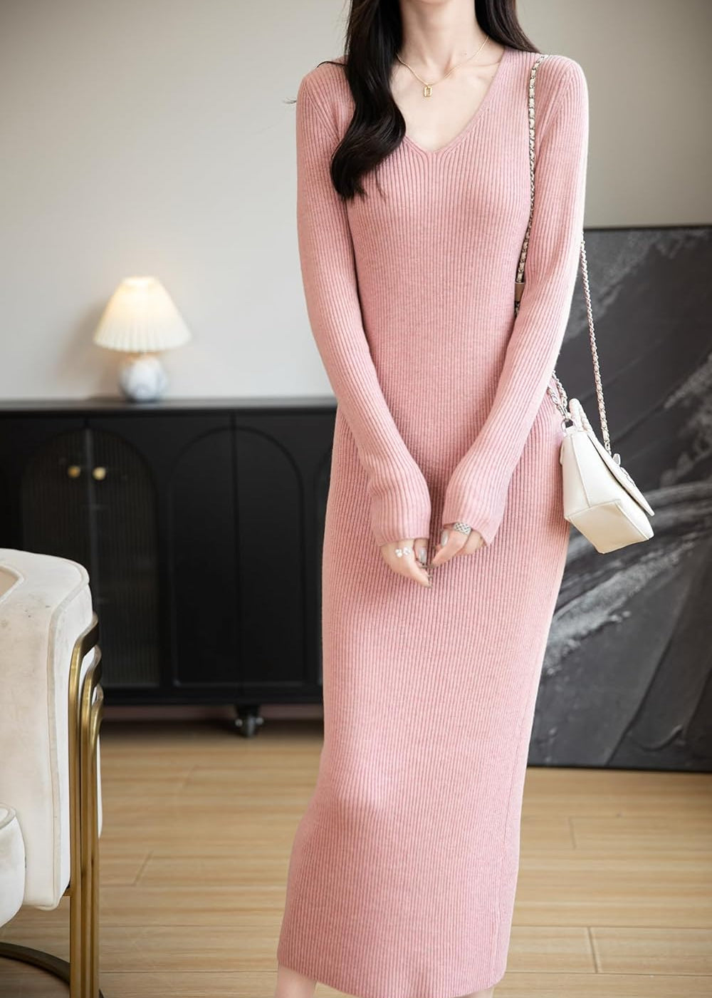 Merino Wool Blend V-Neck Ribbed Knit Long Sweater Dress