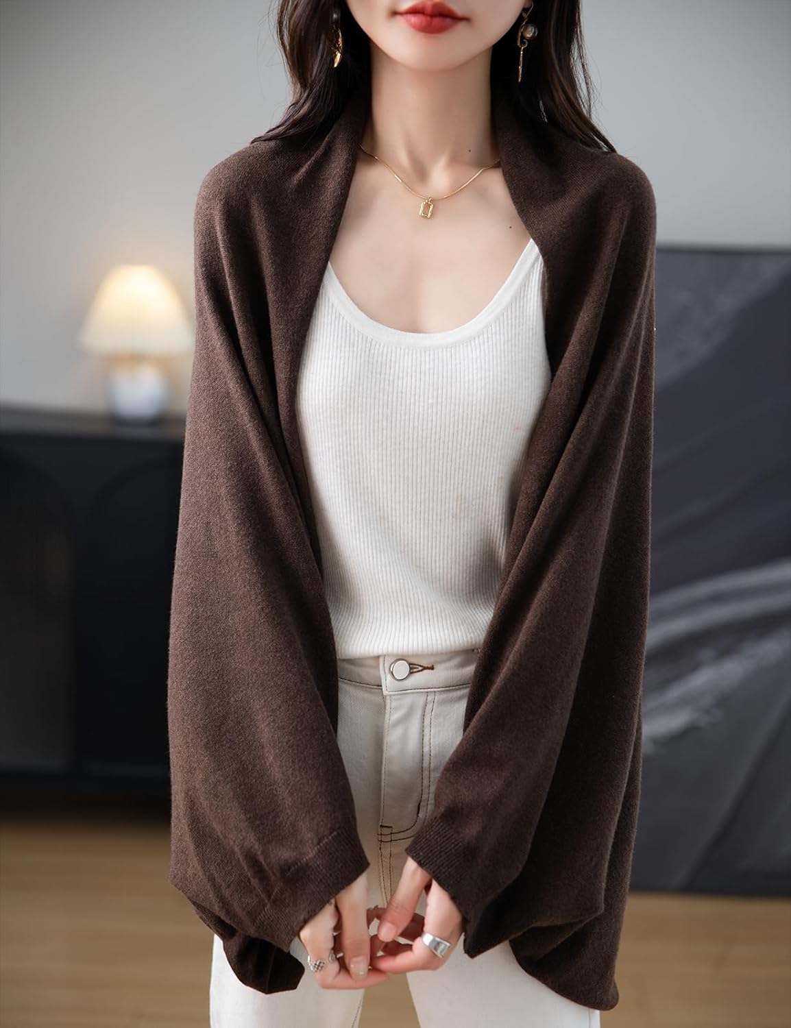 Women's Merino Wool Blend Oversized Cardigan Sweater 2025 Fall Winter Fashion Casual Batwing Sleeve Knit Cardigan