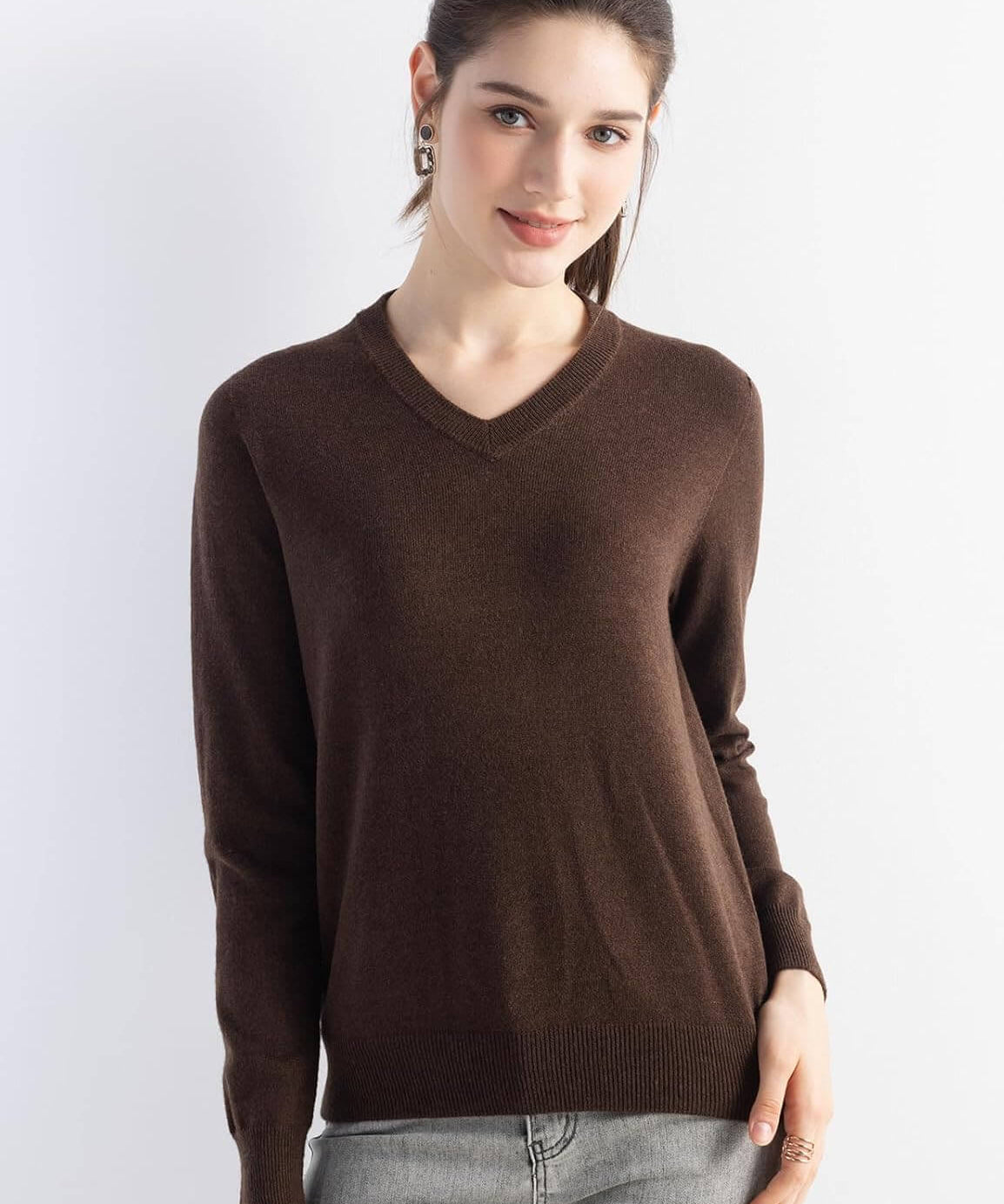 Merino Wool V-Neck Seamless Knit Sweater