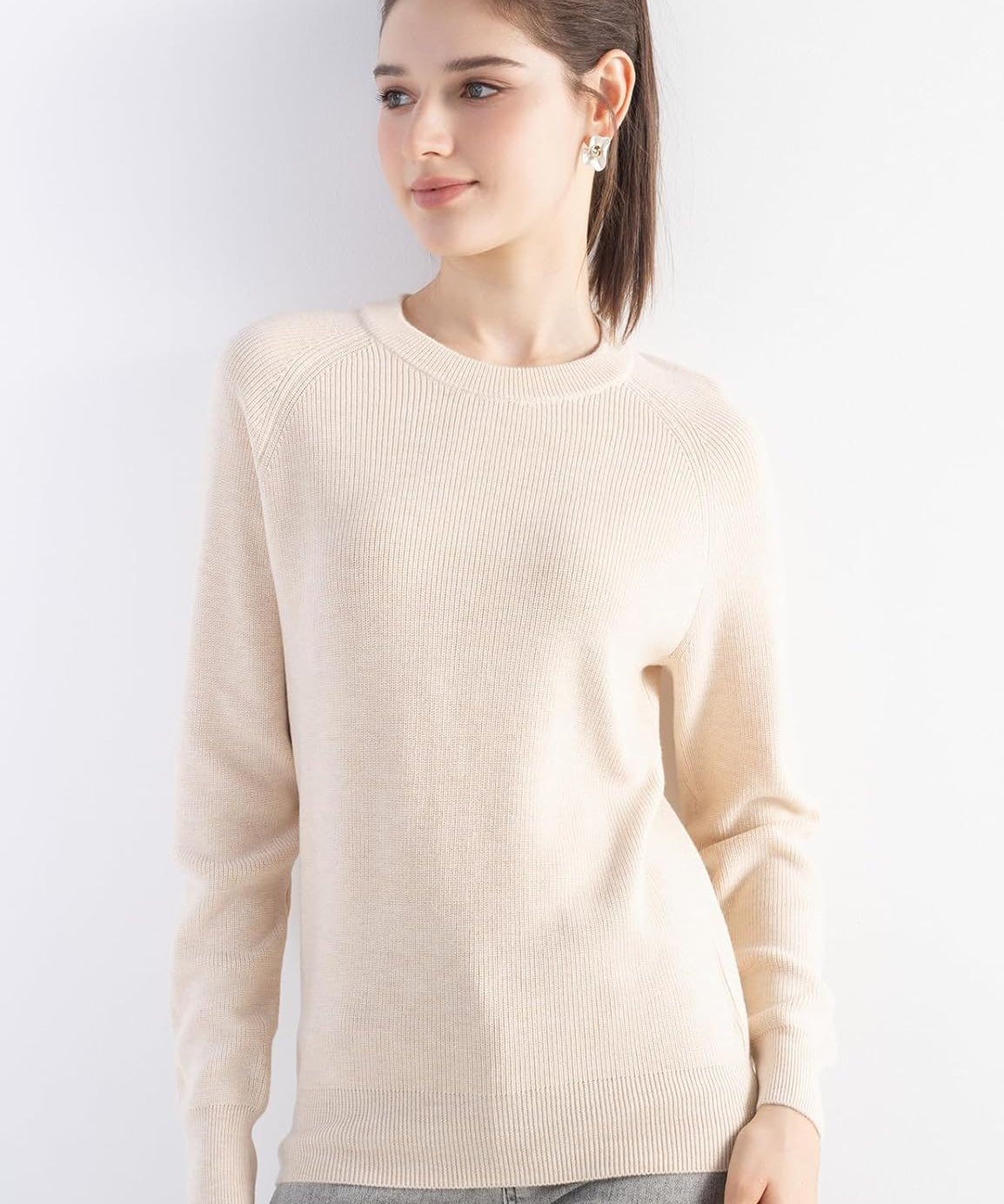 Merino Wool Blend Crew Neck Knit Sweater