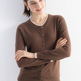 Suéter de cárdigan de lana de lana femenina 2025 otoño invierno falso de dos piezas Bloque de color Cardigan de tejido de manga larga