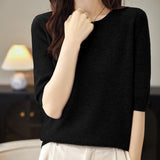 Chanyarn Women's 100% Merino Wool Sweater Crewneck Half Sleeve Tops Lightweight Spring Summer Sweater Knit Pullover