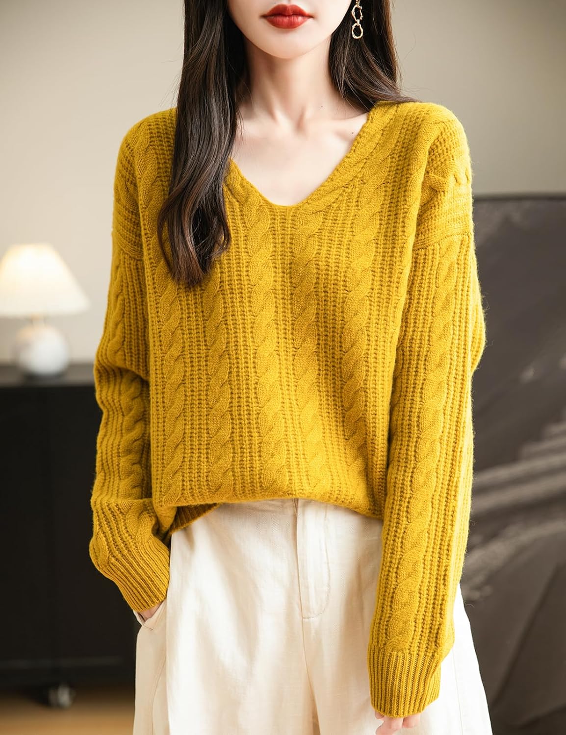 Chanyarn Women's V Neck 100% Merino Wool Oversized Sweater 2025 Fall Winter Vintage Cable Long Sleeve Knit Sweater