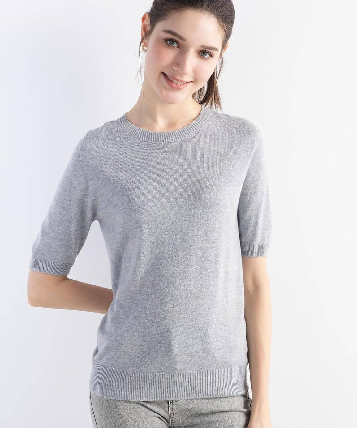 Merino Wool Crew Neck Short Sleeve Seamless Knit Sweater