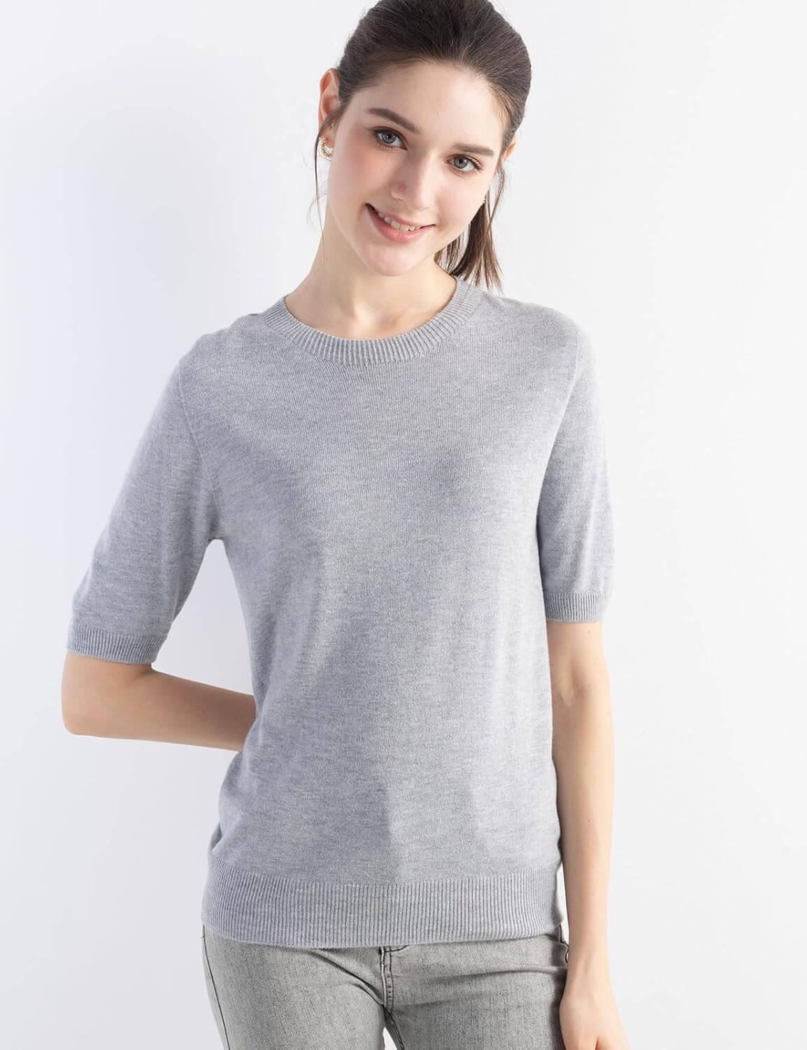 Merino Wool Blend Crew Neck Short Sleeve Seamless Knit Sweater