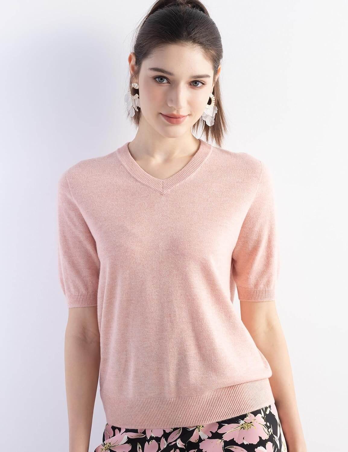 Merino Wool Blend V-Neck Short Sleeve Seamless Knit Sweater