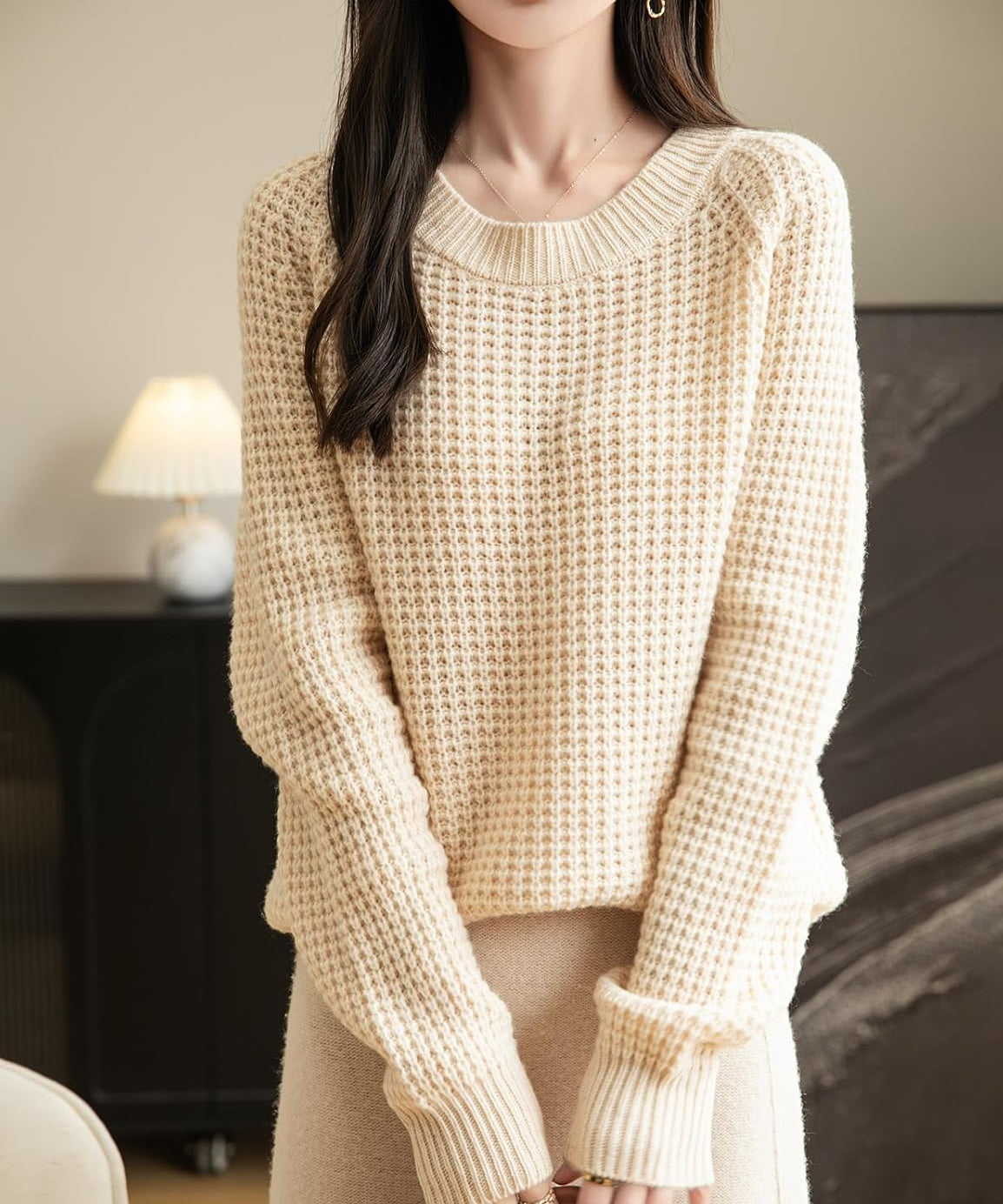 Chanyarn Merino Wool Waffle Knit Crewneck Sweater