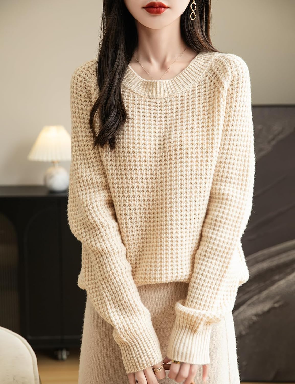 Pull à col rond en tricot gaufré 100 % laine mérinos