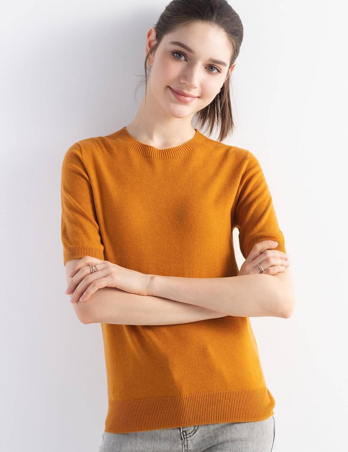 Merino Wool Blend Crew Neck Short Sleeve Seamless Knit Sweater