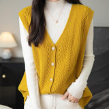 Women's 100% Merino Wool Sweater Vest 2025 Fall Winter V Neck Button Down Sleeveless Cable Knit Sweater Vest