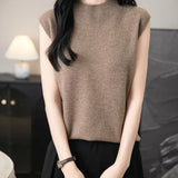 Women's 100% Merino Wool Spring Fall Winter First-Line Ready to Wear Mock Neck Seamless Knit Sleeveless Sweater Vest
