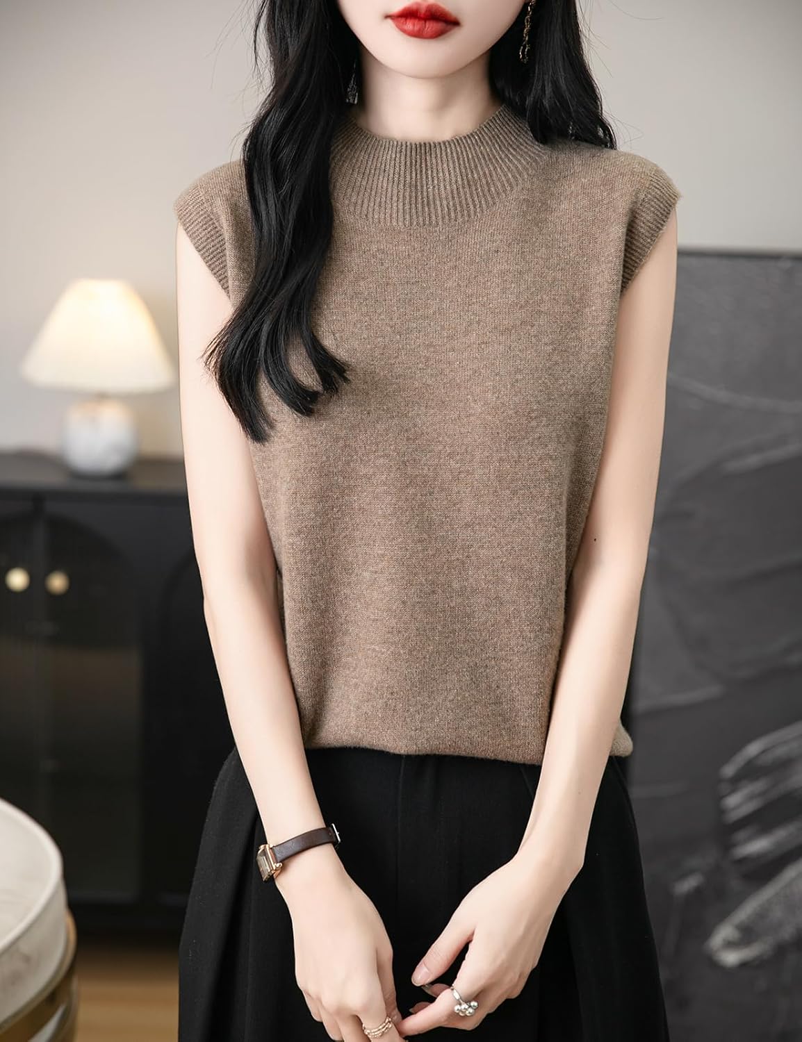 Women's 100% Merino Wool Spring Fall Winter First-Line Ready to Wear Mock Neck Seamless Knit Sleeveless Sweater Vest