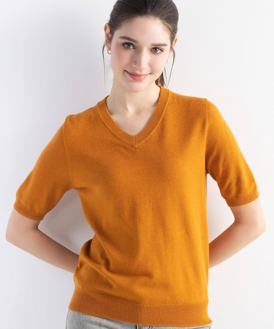 Merino Wool V-Neck Short Sleeve Seamless Knit Sweater