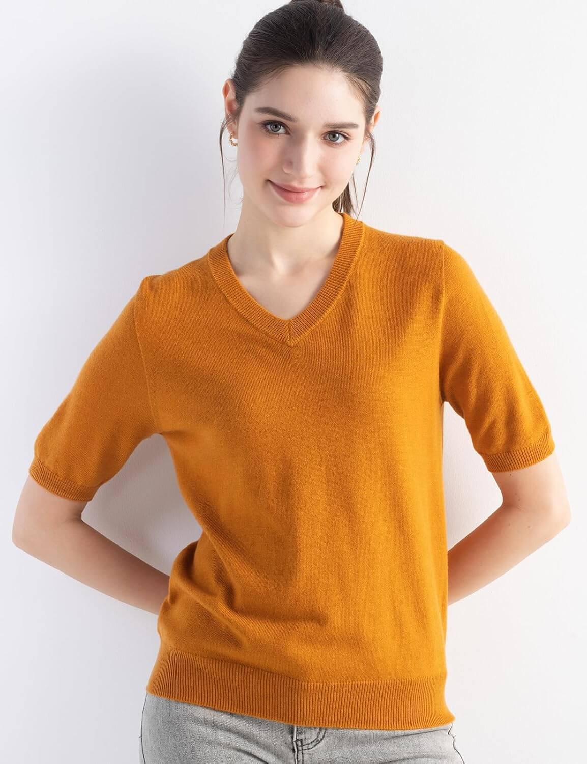 Merino Wool Blend V-Neck Short Sleeve Seamless Knit Sweater