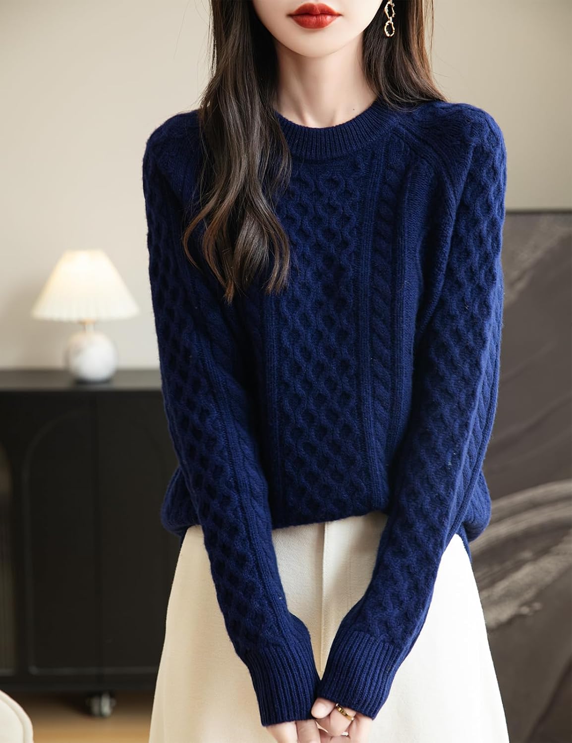 Pull vintage en tricot torsadé à col rond 100 % laine mérinos