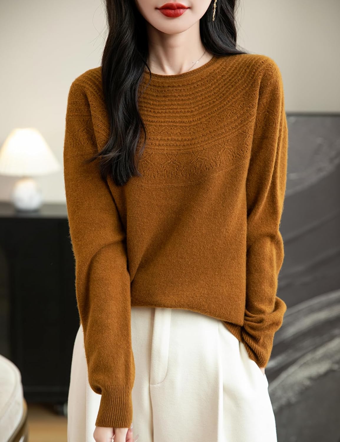 Women's 100% Merino Wool 2025 Fall Winter Crewneck First-Line Ready to Wear Long Sleeve Seamless Knit Sweater