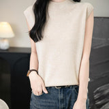 Women's 100% Merino Wool Spring Fall Winter First-Line Ready to Wear Mock Neck Seamless Knit Sleeveless Sweater Vest
