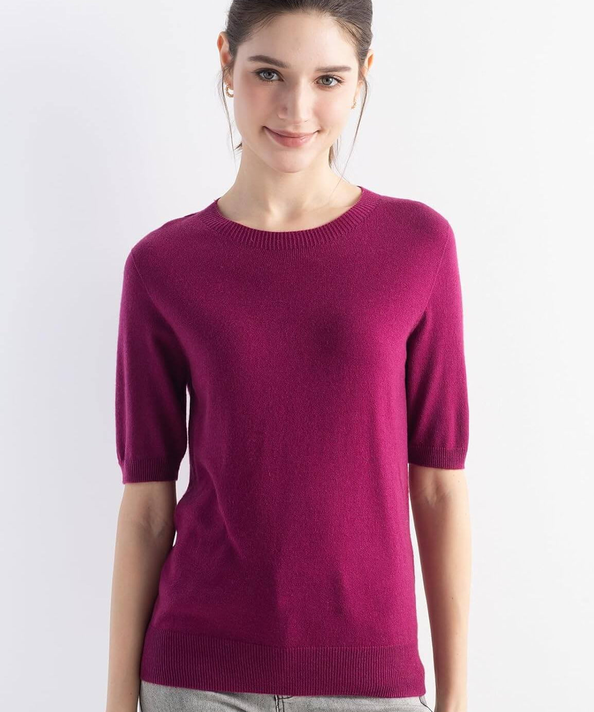 Merino Wool Crew Neck Short Sleeve Seamless Knit Sweater