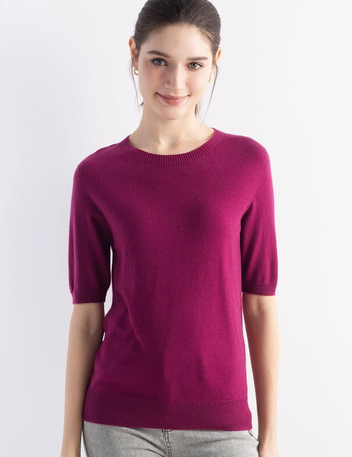 Merino Wool Blend Crew Neck Short Sleeve Seamless Knit Sweater