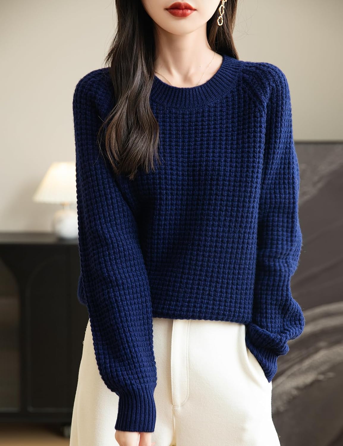 Chanyarn Women's Crewneck 100% Merino Wool Sweater 2025 Fall Winter Waffle Knit Sweater Casual Warm Long Sleeve Pullover