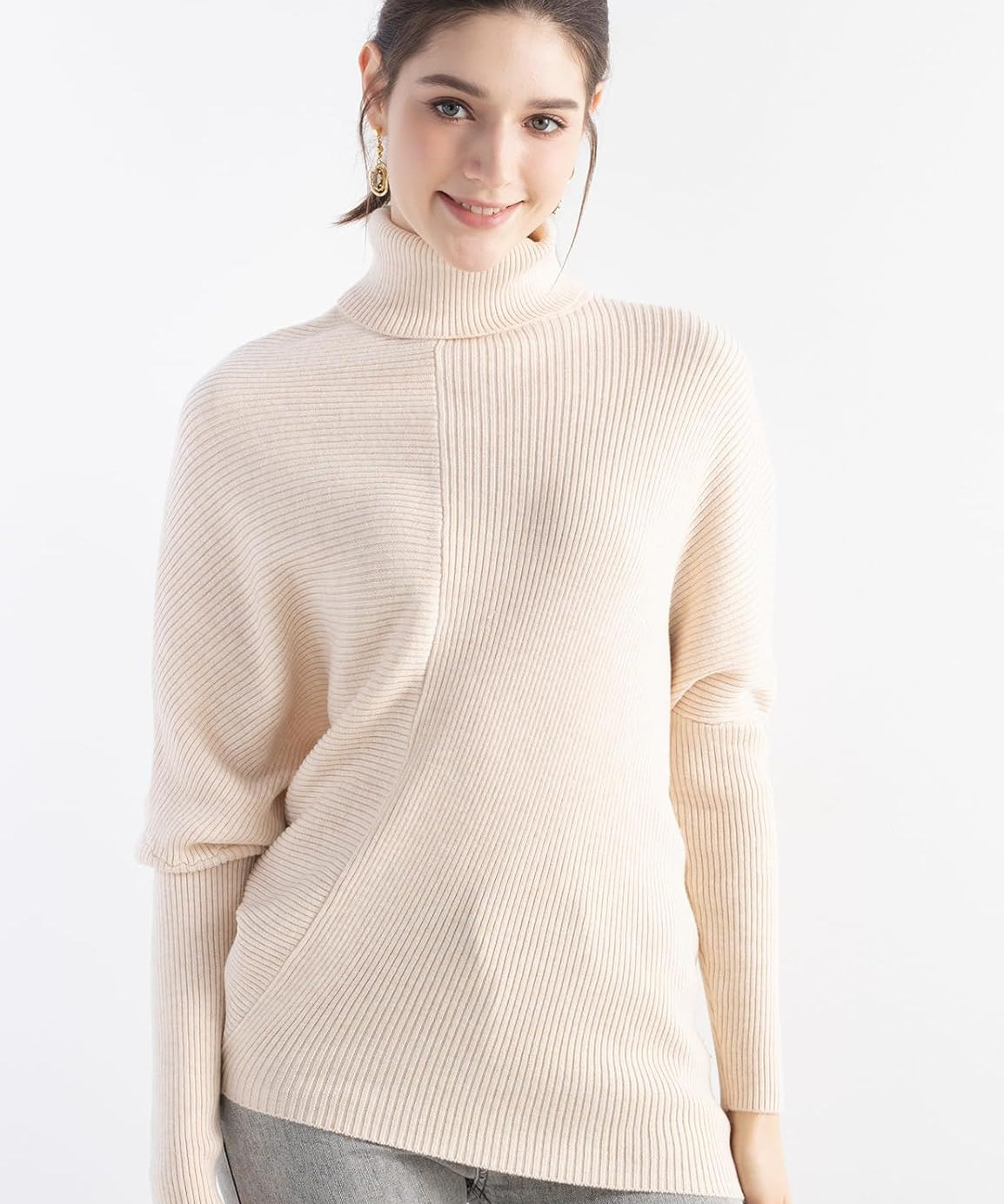 Merino Wool Oversized Turtleneck Batwing Knit Sweater