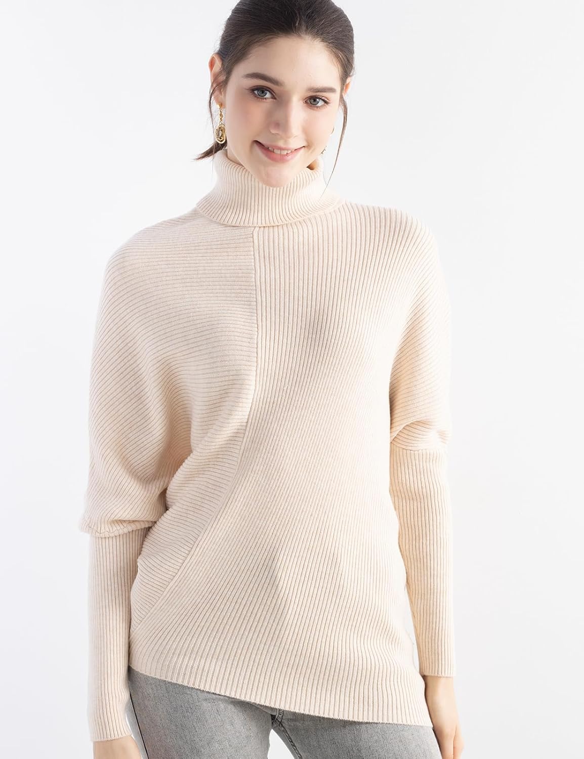 Women's Merino Wool Oversized Sweater 2025 Fall Winter Turtleneck Batwing Sleeve Loose Fit Knit Pullover Sweater
