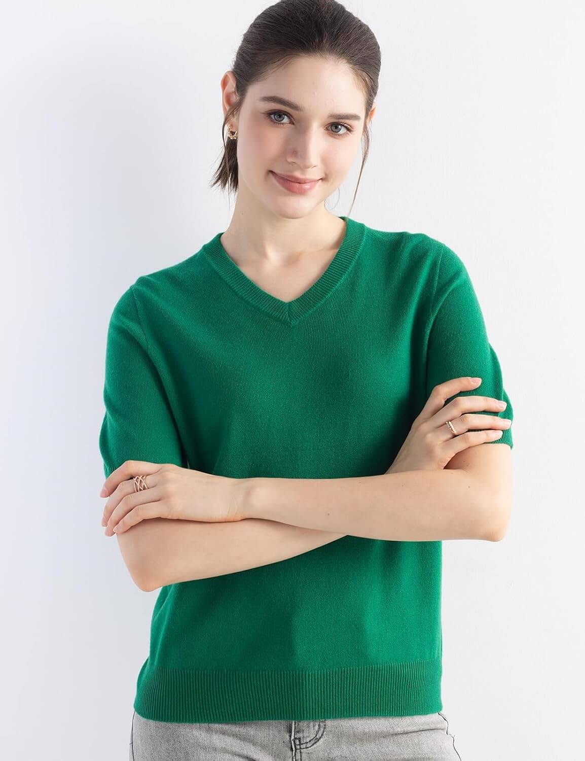 Merino Wool Blend V-Neck Short Sleeve Seamless Knit Sweater