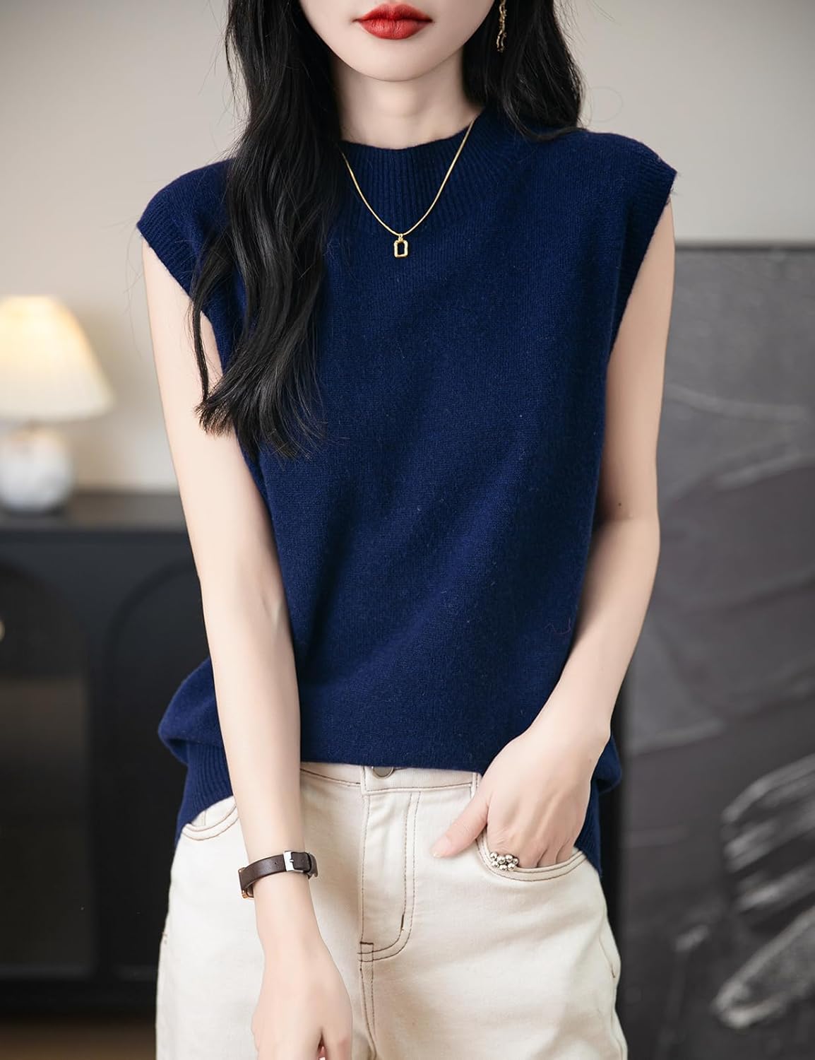 Women's 100% Merino Wool Spring Fall Winter First-Line Ready to Wear Mock Neck Seamless Knit Sleeveless Sweater Vest