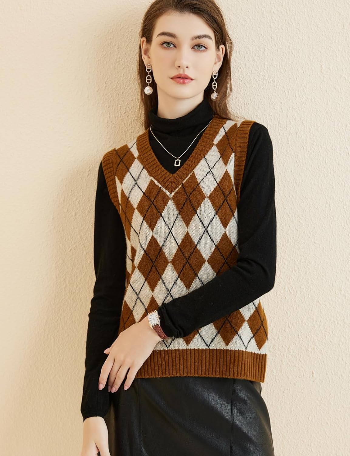 Women's 100% Merino Wool Sweater Vest 2025 Fall Winter Diamond Lattice V Neck Sleeveless Knit Sweater Vest