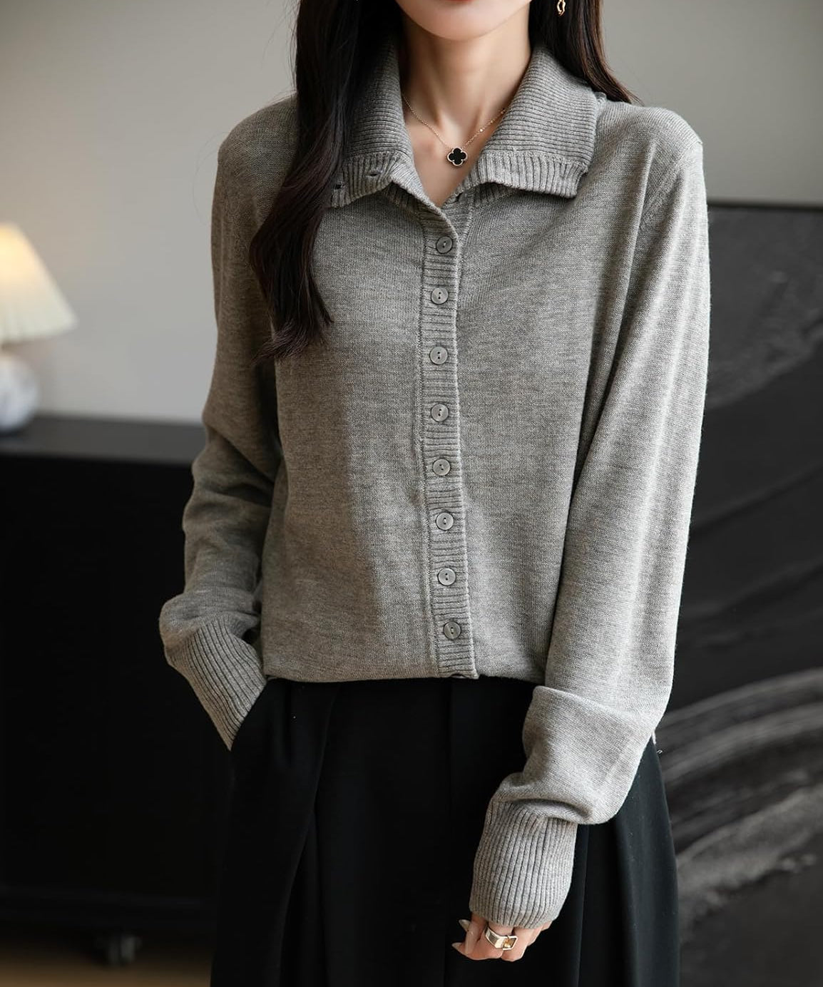 Merino Wool Blend Mock Neck Buttoned Knit Cardigan