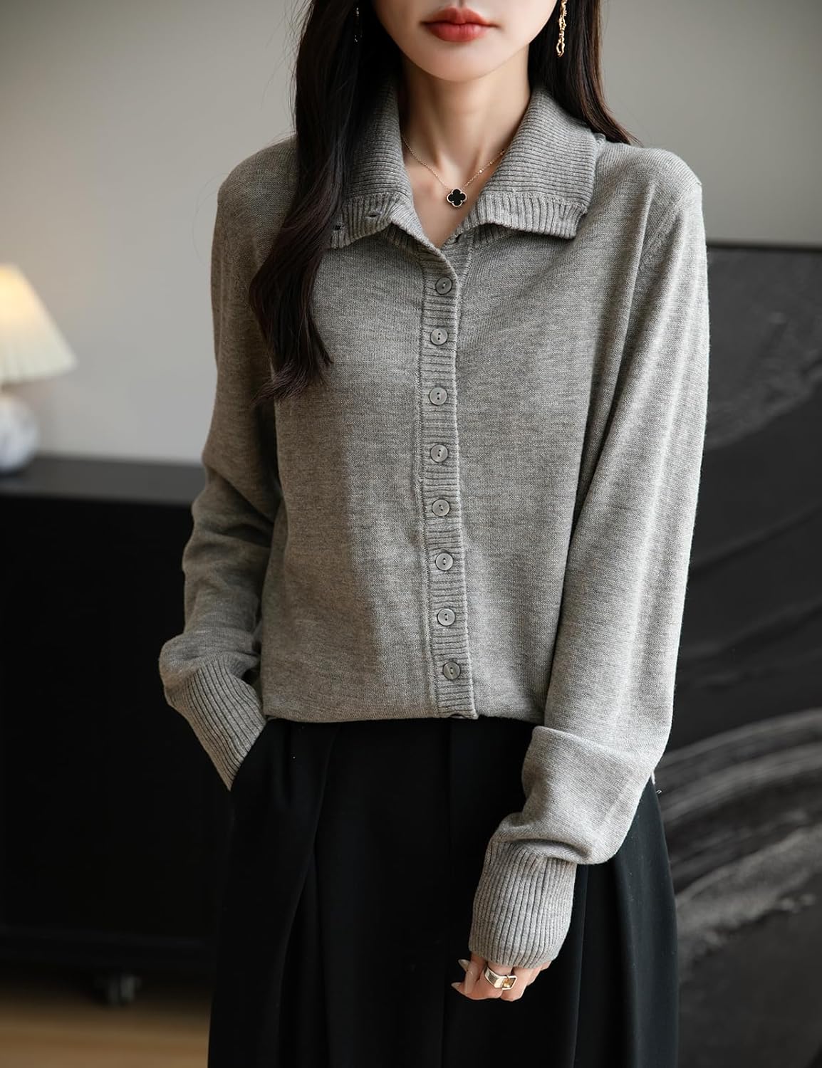 Women's Merino Wool Blend Cardigan 2025 Fall Winter Casual Mock Neck Long Sleeve Knit Cardigan with Buttons