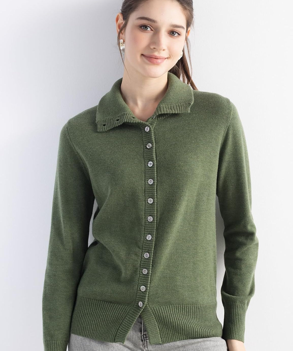 Merino Wool Blend Mock Neck Buttoned Knit Cardigan