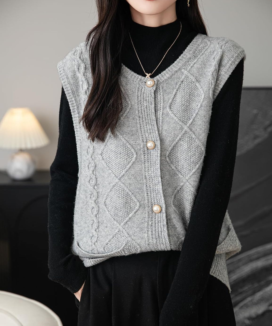 100% Merino Wool Crewneck Button Cable Knit Sweater Vest