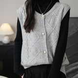 Women's 100% Merino Wool Sweater Vest 2025 Fall Winter Crew Neck Button Down Sleeveless Cable Knit Sweater Vest