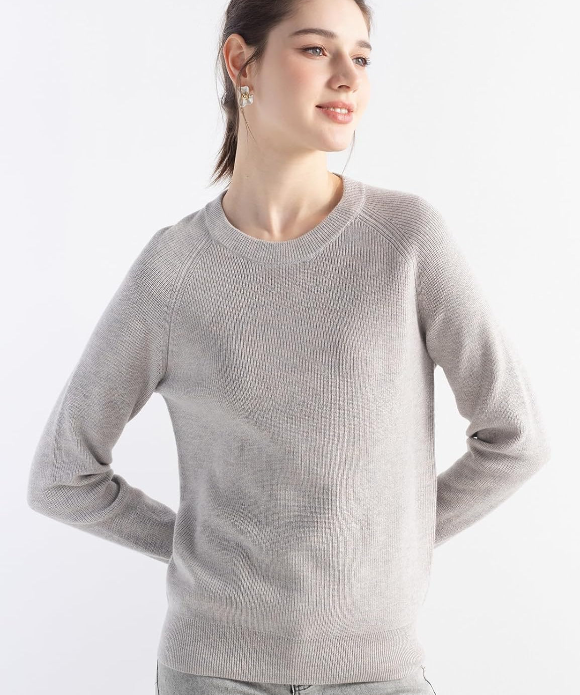 Merino Wool Blend Crew Neck Knit Sweater