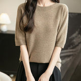 Women's 100% Merino Wool Spring Fall Winter First-Line Ready to Wear Seamless Knit Crewneck Short Sleeve Sweater