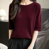 Women's 100% Merino Wool Spring Fall Winter First-Line Ready to Wear Seamless Knit Crewneck Short Sleeve Sweater