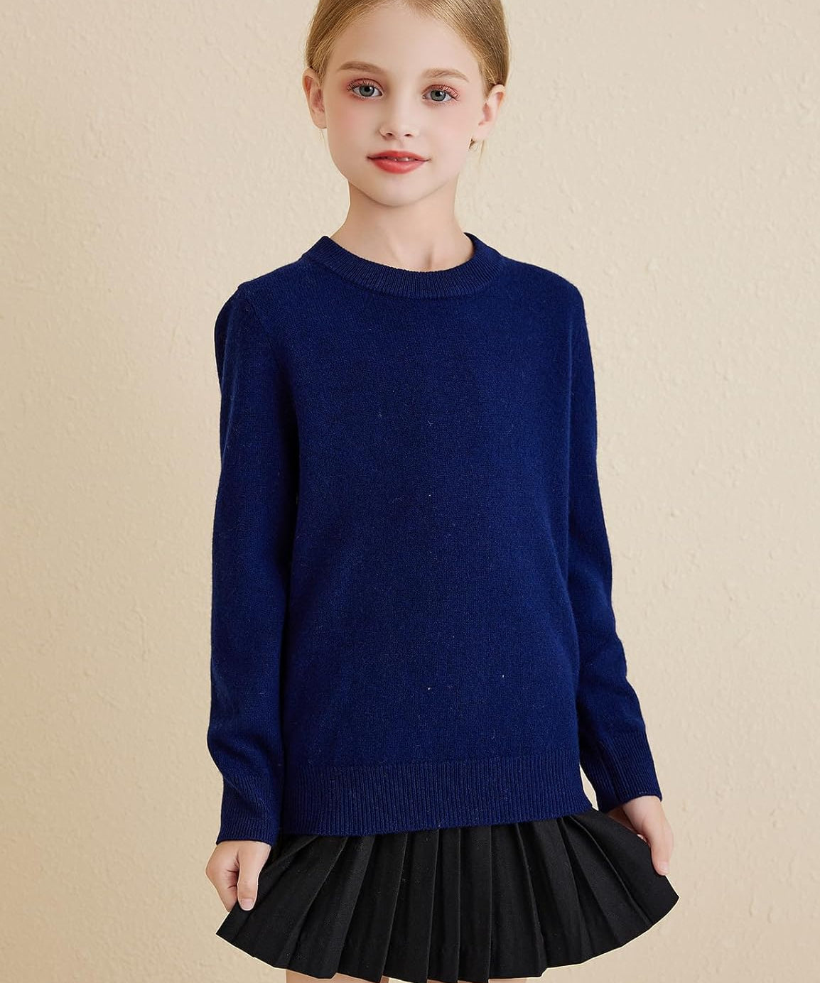 Girls 100% Merino Wool Solid Crewneck Sweater