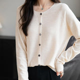 Women's Merino Wool Cardigan Crew Neck Fall Winter Long Sleeve First-Line Ready to Wear Seamless Knit Cardigan