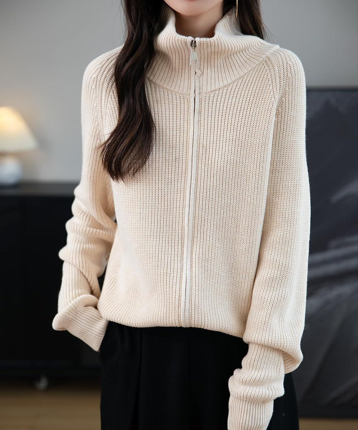 Merino Wool Blend Zipper Knit Sweatshirt Cardigan