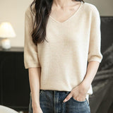 Women's V-Neck 100% Merino Wool Spring Fall Winter First-Line Ready to Wear Seamless Knit Shirt Short Sleeve Sweater