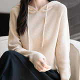 Women's Merino Wool Hoodies 2025 Fall Winter Casual Crewneck Sweatshirt Long Sleeve Knitted Sweater with Drawstring