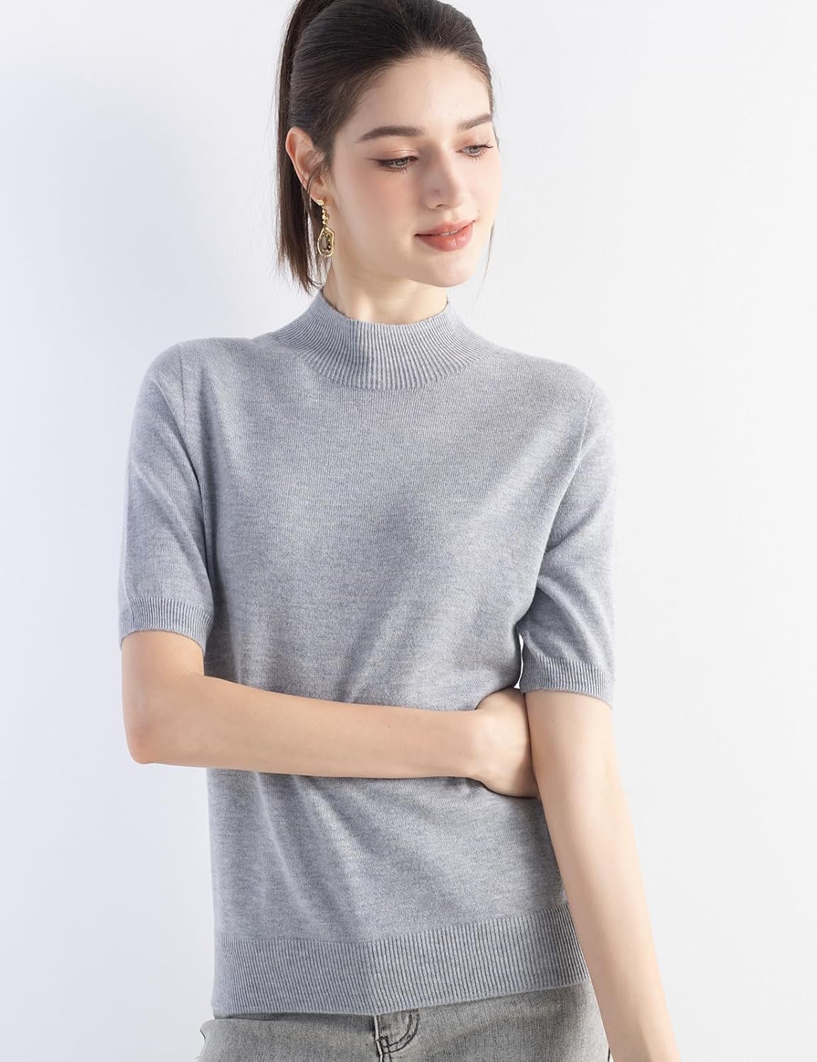 Merino Wool Blend Mock Neck Short Sleeve Seamless Knit Sweater