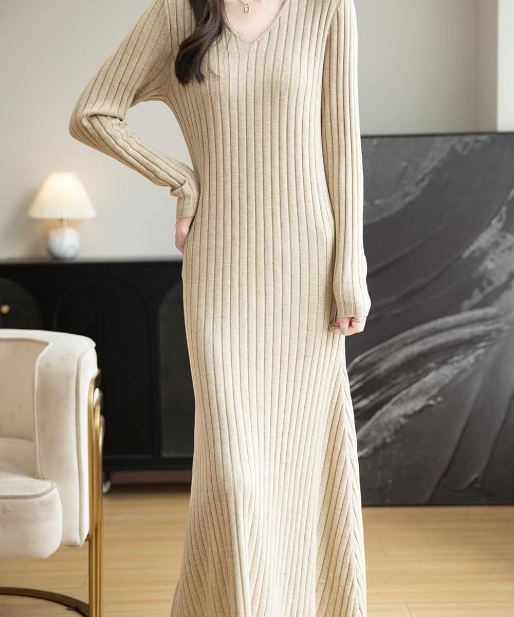 Merino Wool Blend V-Neck Ribbed Bodycon Knit Dress
