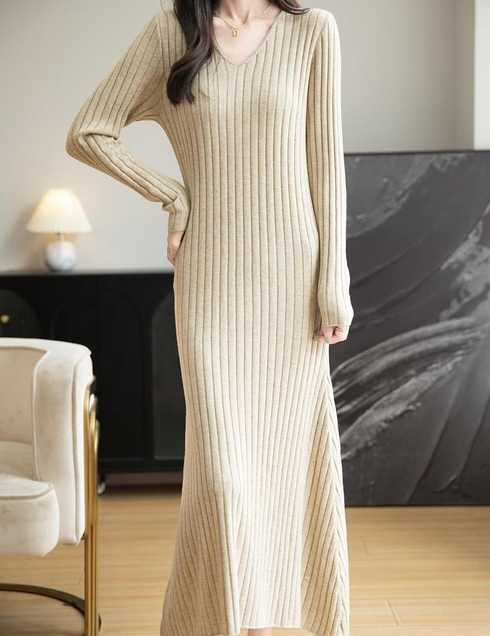 Merinoullblandning med V-ringad Ribbad Bodycon Stickad Klänning