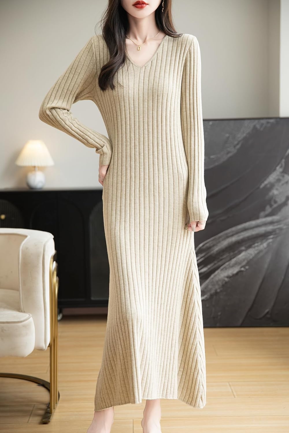 Women's Merino Wool Blend Sweater Dress 2025 Fall Winter V-Neck Long Sleeve Ribbed Cocktail Bodycon Knit Maxi Dress
