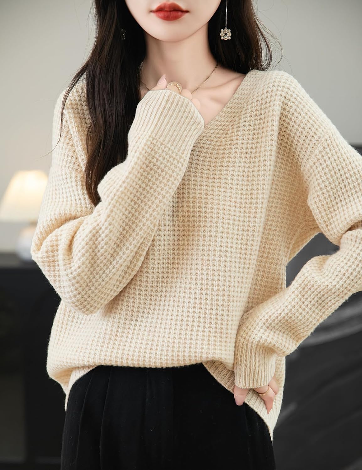 Chanyarn Women's 100% Merino Wool Sweater 2025 Fall Winter Casual V Neck Long Sleeve Waffles Knit Sweater Pullover