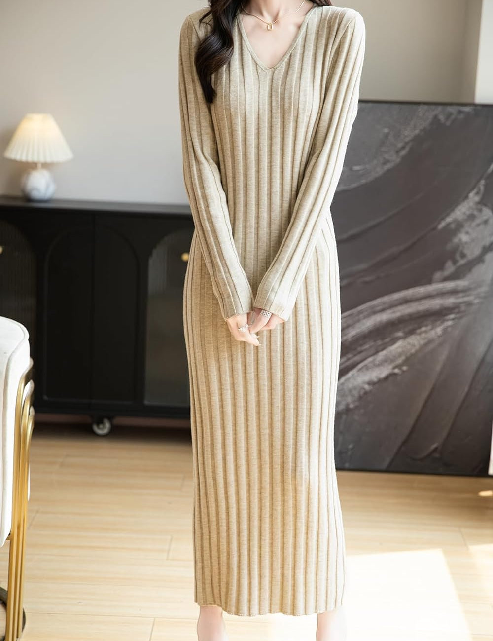 Merinoullblandning med V-ringad Ribbad Bodycon Stickad Klänning